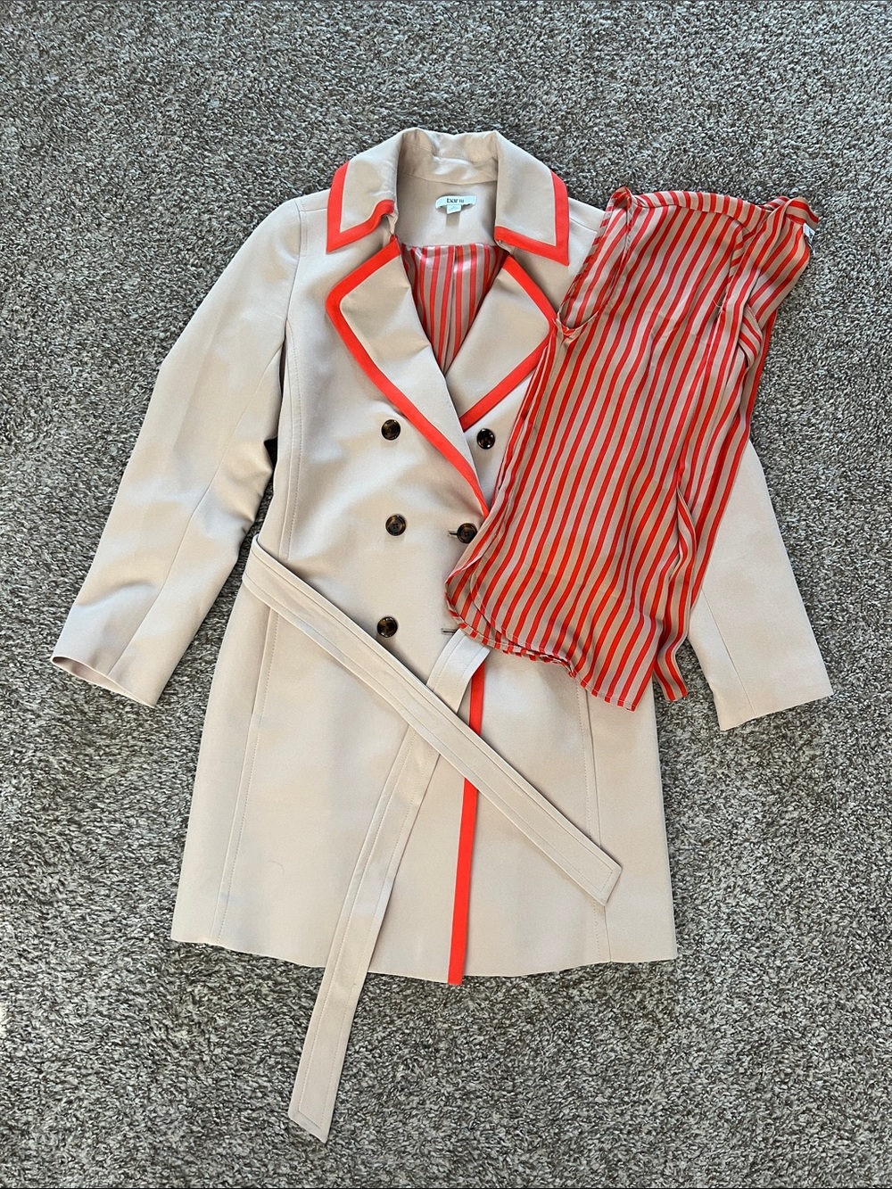 Bar III Cream Trench Coat with Reddish-Orange Trim and Matching Blouse